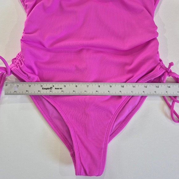 Shade & Shore Pink Ribbed One Piece Swimsuit Side Tie Adjustable Straps Medium - Picture 3 of 7